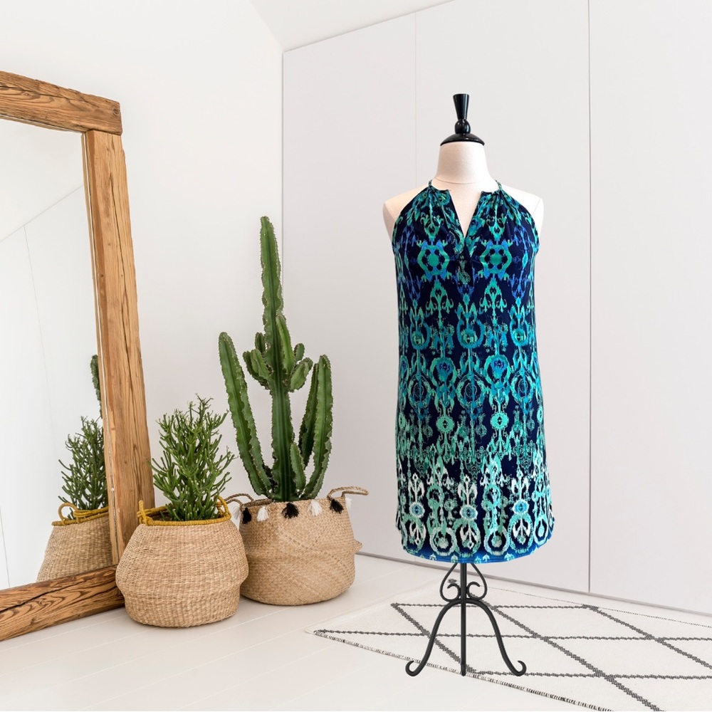 Donna Morgan Sleeveless Geometric Ikat Pattern Shift Dress